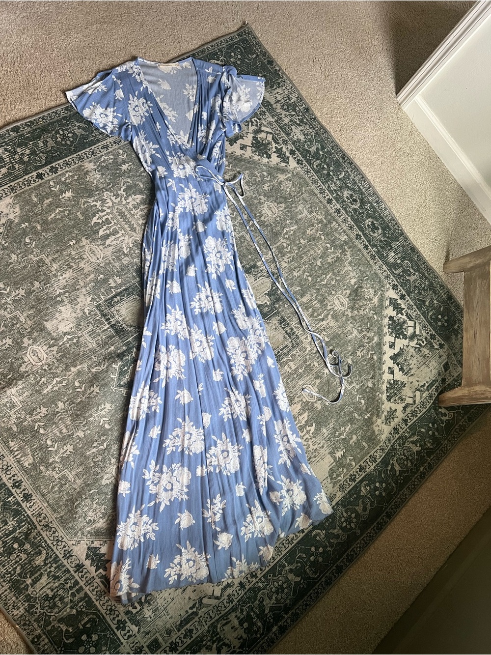 Light Blue Floral Wrap Maxi Dress with Tie Waist